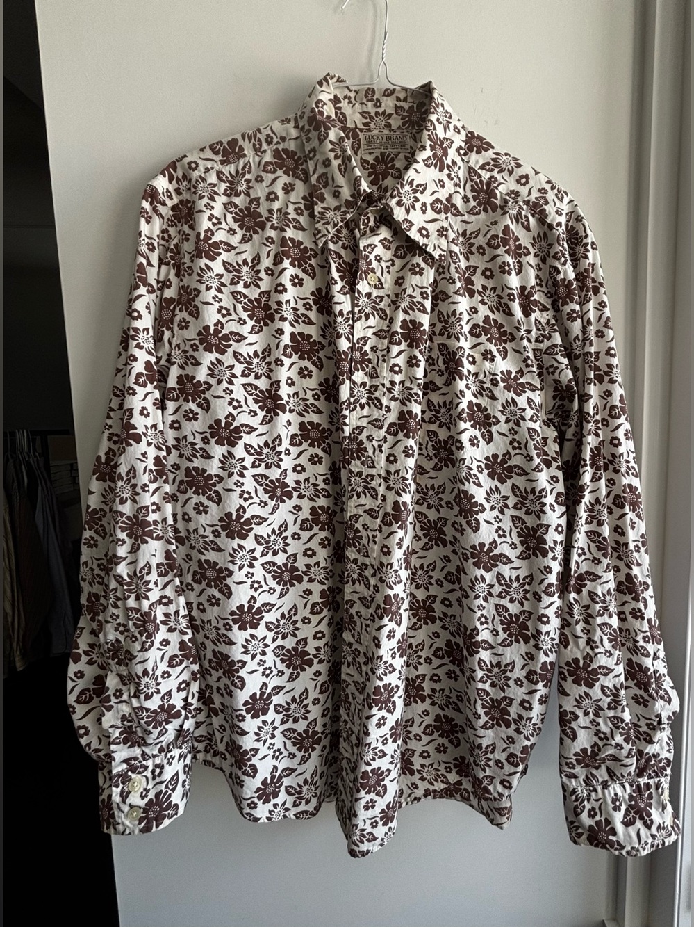 Lucky Brand Cream and Brown Floral Button-Down Shirt - Vintage